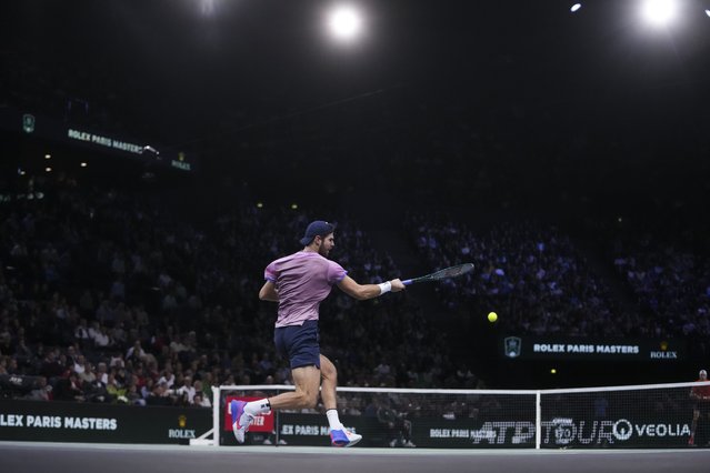 Russia's Karen Kachanov returns to France's Ugo Humbert during the semifinal match of the Paris Masters tennis tournament at the Accor Arena on Saturday, November 2, 2024, in Paris. (Photo by Thibault Camus/AP Photo)