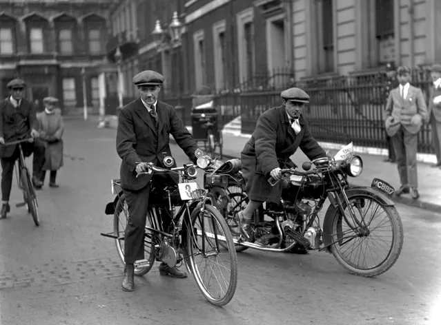 A contestant in a midget motorcycle race, left, beside a man riding a motorcycle, September 1923.