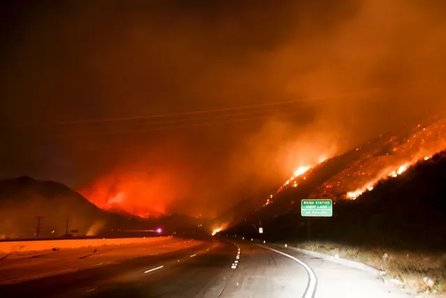 Flames burn next to the Interstate 15 as the Blue Cut wildfire rages near Cajon Pass, north of San Bernardino, California on August 16, 2016. (Photo by Ringo Chiu/AFP Photo)