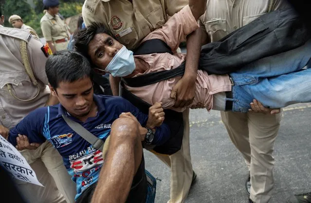 Police detain demonstrators during a protest demanding the resignation of the chief minister of the western state of Gujarat Bhupendra Patel following the collapse of a suspended bridge in the state's Morbi town, in New Delhi, India on November 1, 2022. (Photo by Adnan Abidi/Reuters)