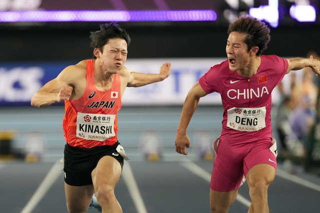 Yoshiki Kinashi, of Japan, and Xinrui Deng, of China, compete in a men's 60 meters semifinal at the World Athletics Indoor Championships in Nanjing, China, Friday, March 21, 2025. (Photo by Dar Yasin/AP Photo)