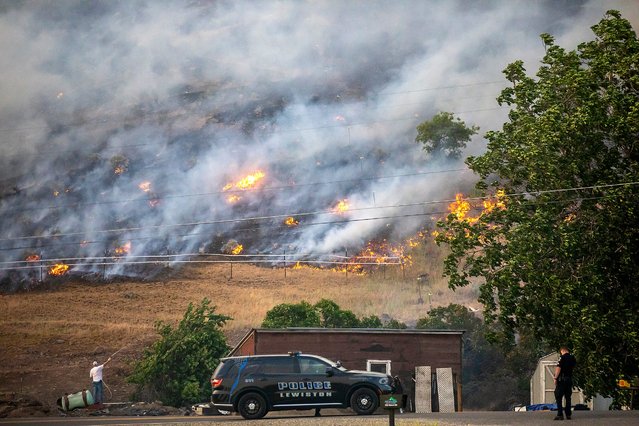 Lewiston police look on as a person uses a hose to keep the ground damp as strong winds push flames along the hills nearby, Saturday, May 31, 2025, in north Lewiston, Idaho. (Photo by USA Today)