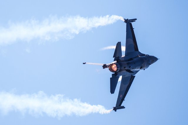 SOLOTURK, the aerobatic demonstration team of the Turkish Air Force, performs over Istanbul Ataturk Airport on the first day of Turkiye's premier technology and aerospace event TEKNOFEST, organized under the leadership of the Turkish Ministry of Industry and Technology on September 17, 2025, in Istanbul. (Photo by Hakan Akgun/Anadolu via Getty Images)