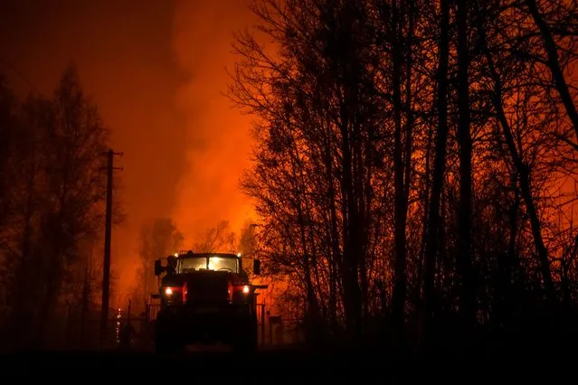 A firefighter battles a wildfire near the village of Bogorodinskoye, with a state of emergency declared in the region, and partial evacuation ordered in the most threatened areas in Tyumen Region on May 7, 2023. (Photo by Maxim Slutsky/TASS)