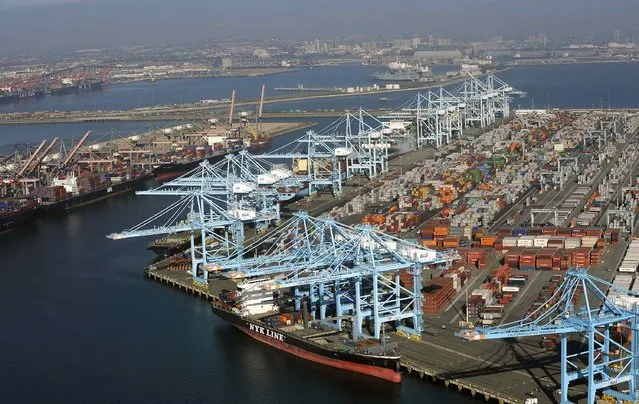 Cranes stand idle in the ports of Los Angeles and Long Beach, California in this aerial photo taken February 6, 2015. (Photo by Bob Riha, Jr./Reuters)