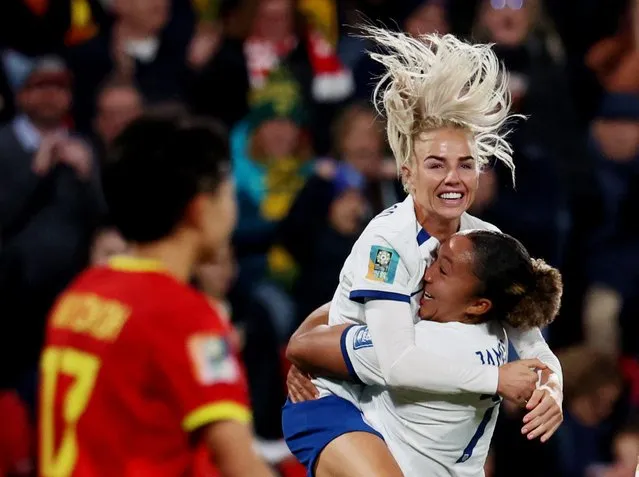 Lauren James of England celebrates with teammate Alex Greenwood after scoring her team's third goal during the FIFA Women's World Cup Australia & New Zealand 2023 Group D match between China and England at Hindmarsh Stadium on August 01, 2023 in Adelaide, Australia. (Photo by Asanka Brendon Ratnayake/Reuters)