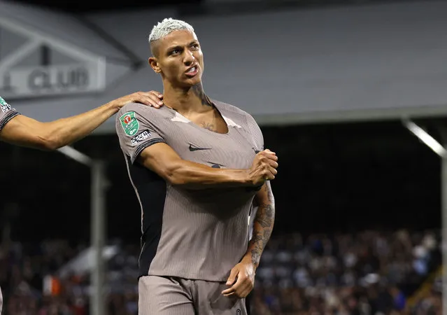 Tottenham Hotspur's Brazilian striker #09 Richarlison celebrates after scoring his team first goal during the English League Cup football match between Fulham and Tottenham Hotspur at Craven Cottage stadium, in London, on August 29, 2023. (Photo by Andrew Couldridge/Action Images via Reuters)