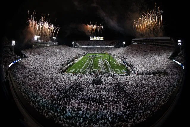 A general view as fireworks explode before the White Out game between the Penn State Nittany Lions and the Iowa Hawkeyes at Beaver Stadium on September 23, 2023 in State College, Pennsylvania. (Photo by Scott Taetsch/Getty Images)
