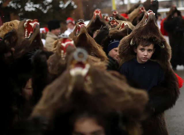 Dancers wearing costumes made of bearskins dance in the village of Asau, Romania December 30, 2016. (Photo by Stoyan Nenov/Reuters)