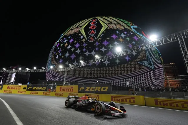 Red Bull driver Max Verstappen, of the Netherlands, drives past the Sphere during the Formula One Las Vegas Grand Prix auto race, Saturday, November 18, 2023, in Las Vegas. (Photo by Nick Didlick/AP Photo)