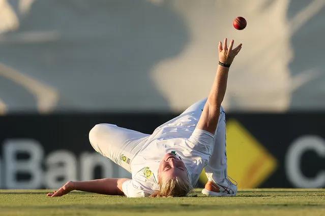 Delmi Tucker of South Africa celebrates after taking a catch off her own bowling to dismiss Alyssa Healy of Australia during day one of the Women's Test Match between Australia and South Africa at the WACA on February 15, 2024 in Perth, Australia. (Photo by Paul Kane/Getty Images)