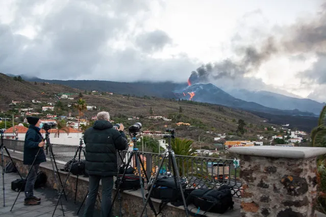 Photographers take pictures of Cumbre Vieja volcano as seen from Tajuya in La Palma, Canary Islands, Spain, 02 December 2021. (Photo by Luis G. Morera/EPA/EFE)