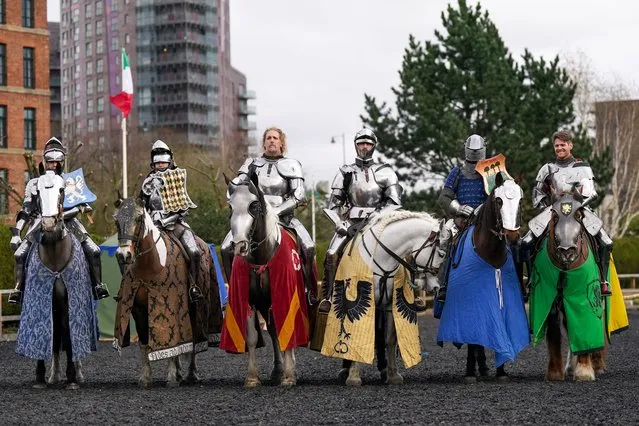 Knights on horseback pose for a picture during a press event ahead of the 2024 Easter International Jousting Tournament held at the Royal Armouries Museum in Leeds on March 28, 2024 in Leeds, England. The event brings together six international jousters from France, Italy and a UK home team for 4 days of jousting across the Easter weekend. Jousters wear full armour as they ride the horses that will carry them and their 35kgs of armour at speeds of up to 30mph along a purpose-built jousting arena or 'Tiltyard'. Points are awarded for: horsemanship, lance skills as well as the accuracy and striking power in the joust. (Photo by Ian Forsyth/Getty Images)