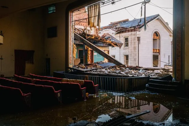Debris is seen from the inside of the American Legion theatre on December 19, 2021 in Mayfield, Kentucky. Multiple tornadoes struck several Midwest states late evening on December 10, causing widespread destruction and multiple casualties. (Photo by Brandon Bell/Getty Images)