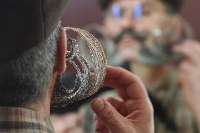 A competitor prepares for a beard and moustache competition at the Ecomusee d'Alsace in Ungersheim on April 30, 2017. (Photo by Sebastien Bozon/AFP Photo)