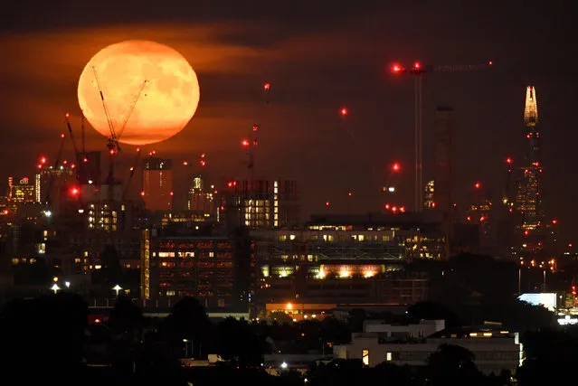 The full moon is seen rising behind skyscrapers at Canary Wharf and the London skyline, London, Britain, September 14, 2019. (Photo by Toby Melville/Reuters)