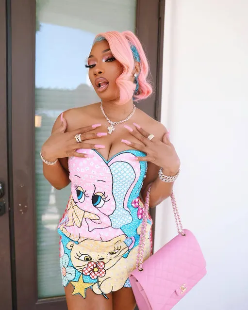 American rapper Megan Jovon Ruth Pete, known professionally as Megan Thee Stallion celebrates her first Coachella with a creative outfit in the second decade of April 2022. (Photo by theestallion/Instagram)