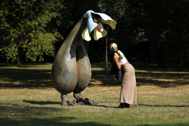 A person looks at Theresa Chromati's “steadfast, step into me (allow silence to create the sounds you desire most)”, which is part of Frieze Sculpture, in Regent's Park, in London, Britain on September 18, 2024. (Photo by Mina Kim/Reuters)