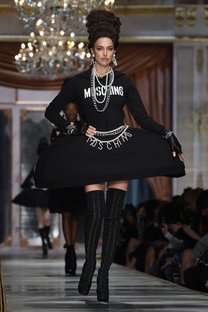 Irina Shayk walks the runway during the Moschino fashion show as part of Milan Fashion Week Fall/Winter 2020-2021 on February 20, 2020 in Milan, Italy. (Photo by Backgrid USA)