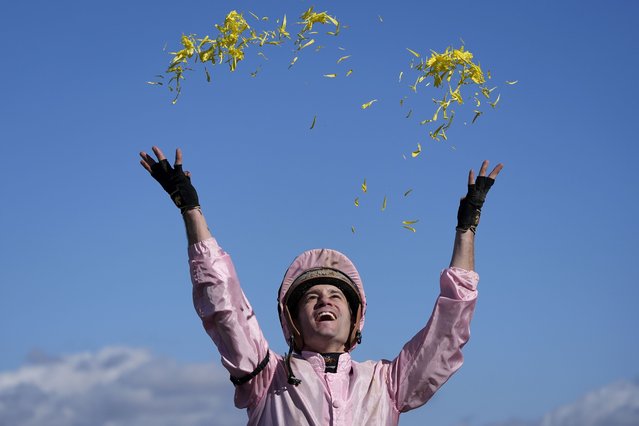 Flavien Prat celebrates after riding Sierra Leone to victory in the Breeders' Cup Classic horse race in Del Mar, Calif., Saturday, November 2, 2024. (Photo by Gregory Bull/AP Photo)