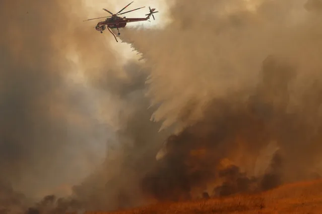 A helicopter drops water on a wind driven wildfire in Orange, California, U.S., October 9, 2017. (Photo by Mike Blake/Reuters)