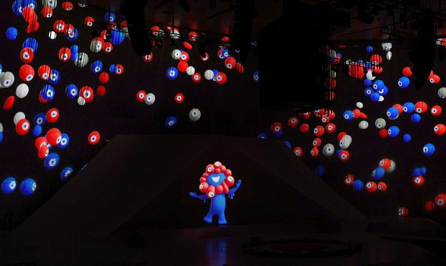 “MYAKU-MYAKU”, the official character of Expo 2025, makes an appearance during the official opening ceremony of the Expo 2025, a day before the event opens to the public, in Osaka, western Japan April 12, 2025, in this photo taken by Kyodo. (Phoot by Kyodo News via Reuters)