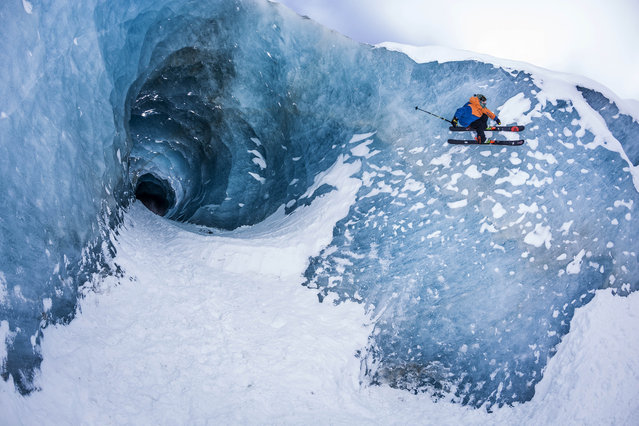 Sam Favret skiing on an ice wall. (Photo by Jeremy Bernard/Caters News Agency)