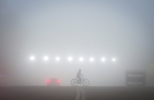 A man rides a bicycle across a road near Sangam, the confluence of the Ganges, Yamuna and Saraswati rivers, on a foggy winter morning, ahead of “Maha Kumbh Mela” in Prayagraj, India, on January 10, 2025. (Photo by Ritesh Shukla/Reuters)