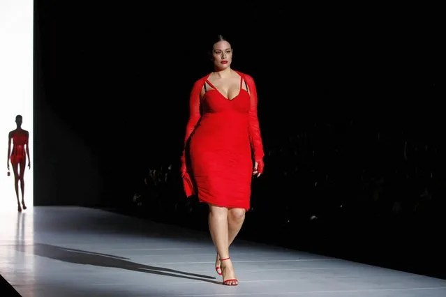 American plus-sized model Ashley Graham presents a creation from the Dolce & Gabbana Fall/Winter 2023/2024 collection during Fashion Week in Milan, Italy on February 25, 2023. (Photo by Alessandro Garofalo/Reuters)