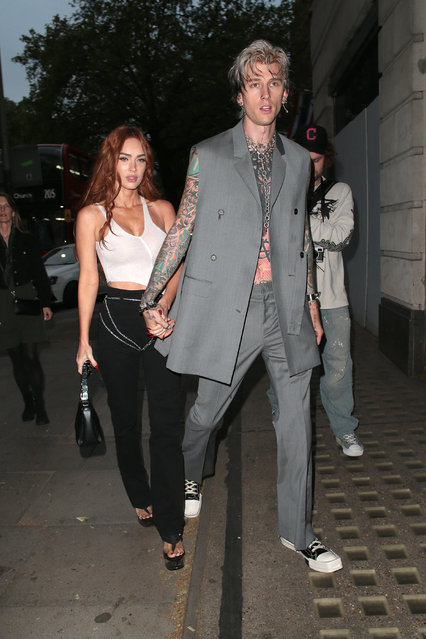 American actress and model Megan Fox and American musician Machine Gun Kelly seen attending the unveiling of “The 8th Deadly Sin - GOSSIP”, a limited-edition ring collection by Stephen Webster x Machine Gun Kelly on May 30, 2023 in London, England. (Photo by Ricky Vigil M./Justin E. Palmer/GC Images)