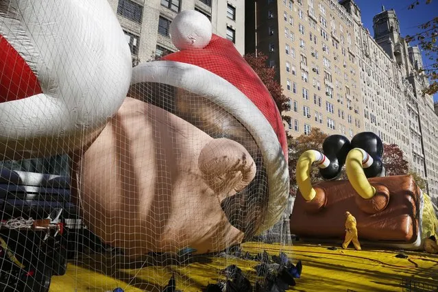 Balloons are held down by nets while being inflated for the Macy's Thanksgiving Day Parade in New York, Wednesday, November 23, 2016. (Photo by Seth Wenig/AP Photo)