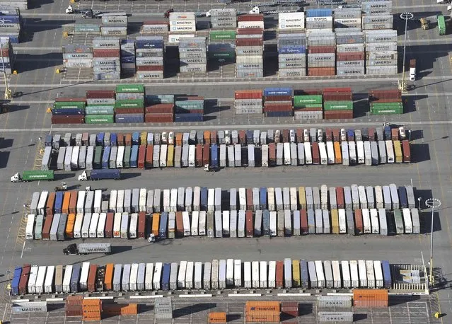 Shipping containers stand in the ports of Los Angeles and Long Beach, California in this aerial photo taken February 6, 2015. (Photo by Bob Riha, Jr./Reuters)