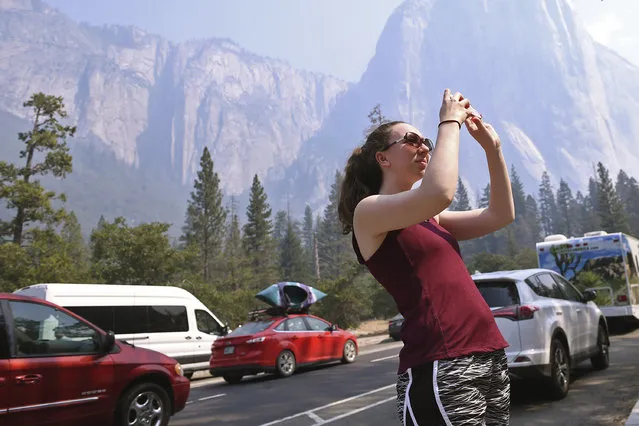 Allison Kerper photographs the south wall of Yosemite Valley as tourists begin to stream in after the park reopened Tuesday, August 14, 2018, in Yosemite National Park, Calif. The park reopened its scenic valley Tuesday after a nearly three-week closure due to nearby wildfires but advised visitors to expect some smoke in the air and limited lodging and food services in the popular California park. (Photo by Eric Paul Zamora/The Fresno Bee via AP Photo)