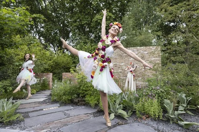 Models wearing floral outfits perform on the press preview day of the RHS Chelsea Flower Show held by the Royal Horticultural Society at Royal Hospital Chelsea in London, United Kingdom on May 23, 2022. This year's show feature special displays to mark the Queen's platinum jubilee. (Photo by Richard Pohle/The Times)