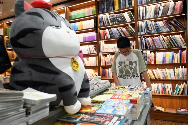 A boy looks at books in a store in Beijing on August 15, 2023. (Photo by Pedro Pardo/AFP Photo)