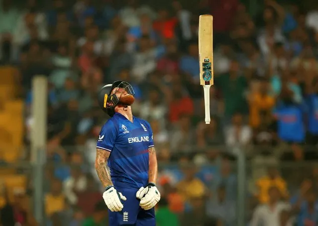 England's Ben Stokes loses his wicket at the ICC Cricket World Cup 2023 match against South Africa at Wankhede Stadium, in Mumbai, India on October 21, 2023. (Photo by Andrew Boyers/Reuters)