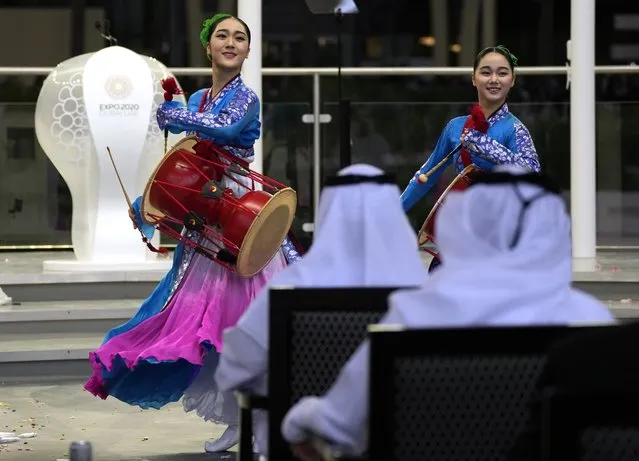 South Korean dancers perform during an official ceremony at Dubai Expo 2020, in Dubai, United Arab Emirates, Sunday, January 16, 2022. (Photo by Kamran Jebreili/AP Photo)
