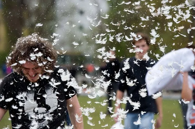 People participate in International Pillow Fight Day in Berlin. (Photo by Maurizio Gambarini/dpa)