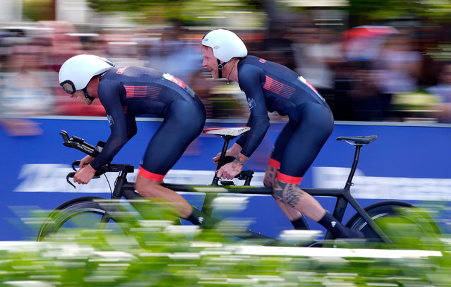 Great Britain's Stephen Bate and pilot Christopher Latham during the Men's B Individual Time Trial, Clichy-sous-bois, on day seven of the Paris 2024 Summer Paralympic Games on Wednesday, September 4, 2024. (Photo by Andrew Matthews/PA Images via Getty Images)