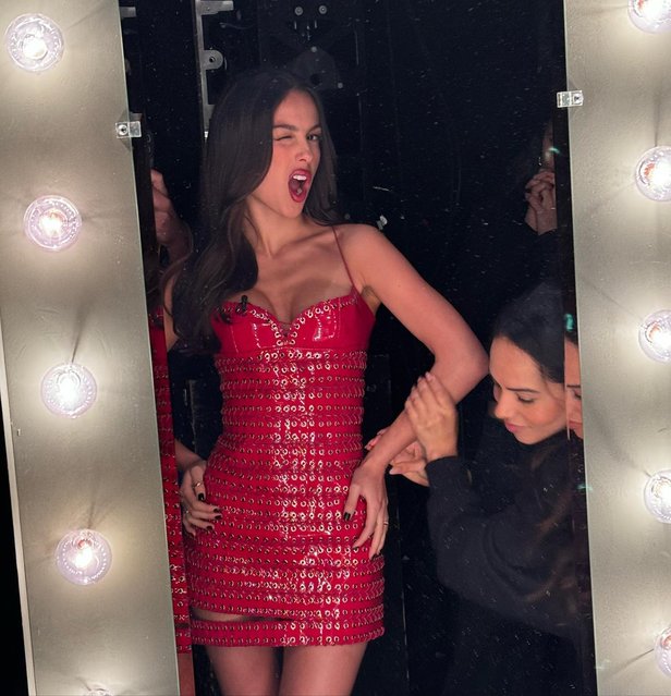 American singer-songwriter Olivia Rodrigo looks radiating in red while backstage at “The Tonight Show Starring Jimmy Fallon” in the last decade of October 2024. (Photo by oliviarodrigo/Instagram)