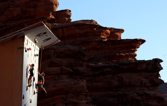 Abby Gebert of Team New Zealand (L) and Tamara Ulzhabayeva of Team Kazakhstan during a Speed Climbing Women's Practice Session on Day Eleven of the NEOM Beach Games on November 13, 2024 in Neom, Saudi Arabia. (Photo by Jan Hetfleisch/Getty Images for NEOM Beach Games)
