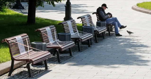 A man uses his mobile phone while sitting near taped-off benches amid the outbreak of the coronavirus disease (COVID-19) in Moscow, Russia on June 6, 2020. (Photo by Shamil Zhumatov/Reuters)