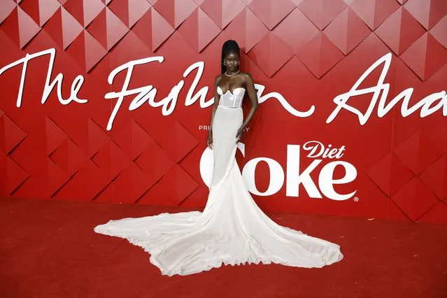 South Sudanese-Australian model Adut Akech arrives for the Fashion Awards 2022 at the Royal Albert Hall in London, Britain, 05 December 2022. The gala event raises money to nurture future generations of fashion talents via the British Fashion Council (BFC) Foundation. (Photo by Tolga Akmen/EPA/EFE)