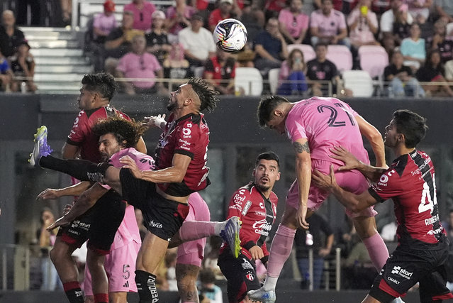 Atlas defender Doria, center left, and Inter Miami forward Tadeo Allende (21) compete for a header on an Inter Miami corner kick during the first half of a Leagues Cup group stage soccer match, Wednesday, July 30, 2025, in Fort Lauderdale, Fla. (Photo by Rebecca Blackwell/AP Photo)