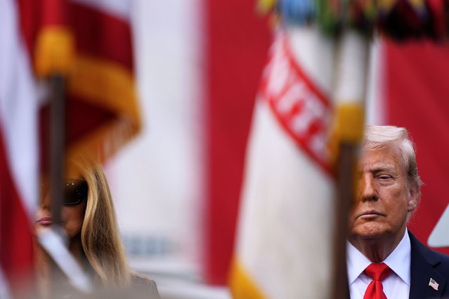President Donald Trump and first lady Melania Trump attend a ceremony at the Pentagon to commemorate the 24rd anniversary of the 9/11 attacks, Thursday, September 11, 2025, in Washington. (Photo by Julia Demaree Nikhinson/AP Photo)