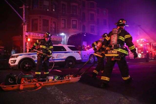 A fire struck the basement of a building where it was a movie set from Motherless Brooklyn's film director Edward Norton at 401 St. Nicholas Avenue in Hamilton Heights on Manhattan Island in New York City early in the morning of this Friday, March 23, 2018. No information of injuries.  Fire hits building where Edward Norton movie was filmed in New York. (Photo by Brazil Photo Press/Splash News and Pictures)