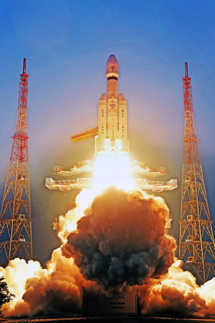 A handout photo made available by The Indian Space Research Organisation (ISRO) shows ISRO's launch vehicle LVM3-M5 carrying the communication satellite CMS-03 lifting off from the launch pad at the Satish Dhawan Space Centre, in Sriharikota, Andhra Pradesh, India, 02 November 2025. India's LVM3 launch vehicle successfully launched the CMS-03 communication satellite weighing about 4,400 kilograms, which will be the heaviest communication satellite to be launched to Geosynchronous Transfer Orbit (GTO) from Indian soil, and the 5th operational flight (LVM3-M5) on 02 November. (Photo by ISRO/EPA)