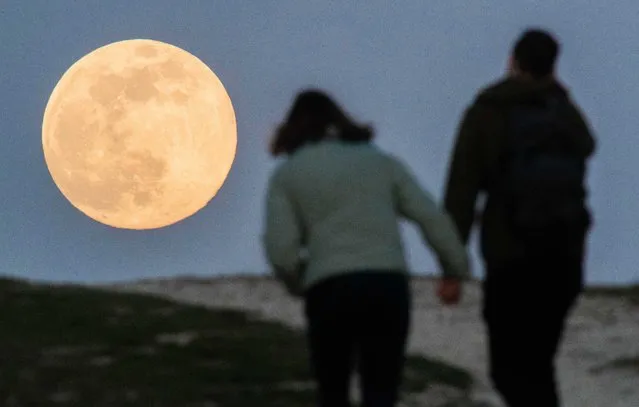 A couple is walking hand-held up Kronsberg, just outside Hanover, Germany on April 7, 2020, when the moon rises on the horizon as the so-called supermoon. The moon reaches its perigee, i.e. the point closest to the Earth's orbit, on the night of 7-8 April as a full moon and therefore appears particularly large to the human observer. (Photo by Julian Stratenschulte/dpa via ZUMA Press)