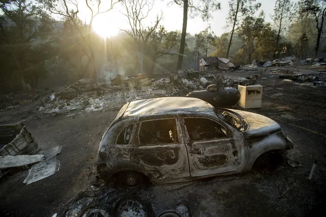A vehicle scorched by a wildfire rests in a clearing on Wolf Creek Road near Clearlake Oaks, Calif., Sunday, June 24, 2018. Wind-driven wildfires destroyed buildings and threatened hundreds of others Sunday as they raced across dry brush in rural Northern California. (Photo by Noah Berger/AP Photo)