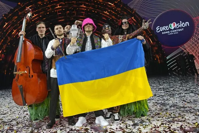 Kalush Orchestra from Ukraine celebrate after winning the Grand Final of the Eurovision Song Contest at Palaolimpico arena, in Turin, Italy, Saturday, May 14, 2022. (Photo by Luca Bruno/AP Photo)